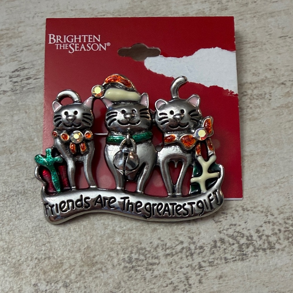 Festive Cat Brooch - Silver and Green
